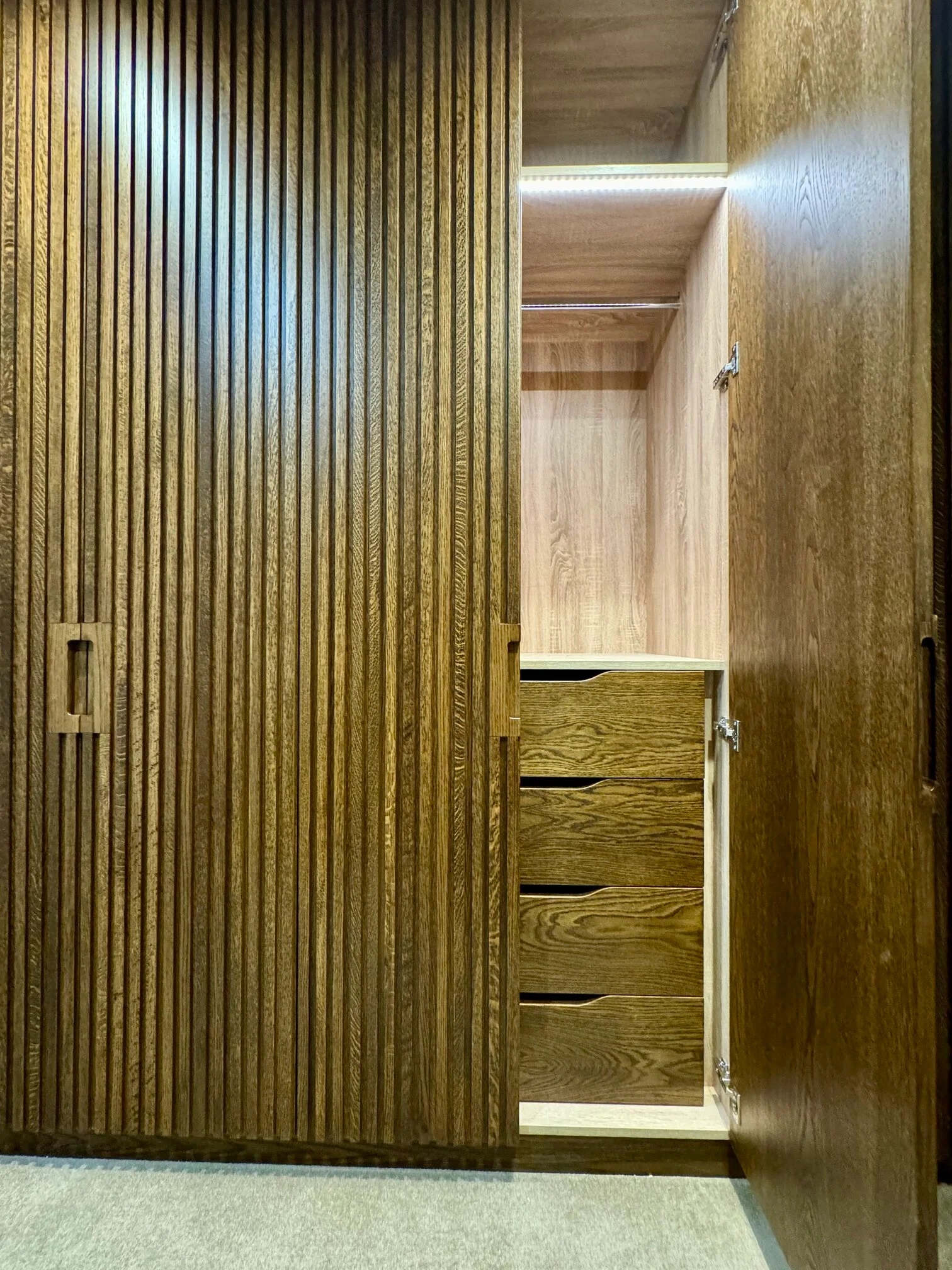 wooden fitted wardrobes near me with open doors