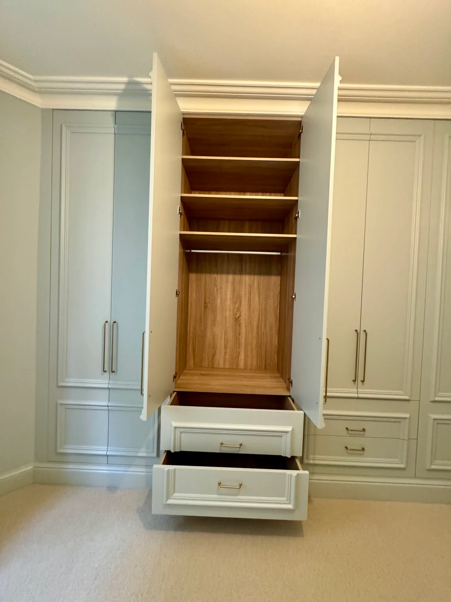light green made to measure wardrobes near me with open doors and shelves