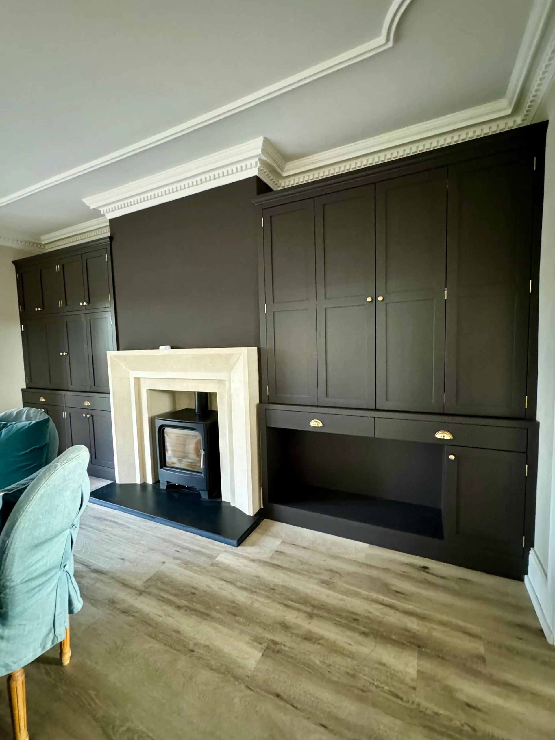 brown alcove units in the living room